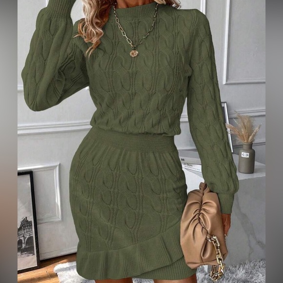 Cozy ruffle hem cable knit sweater dress - Picture 2 of 15